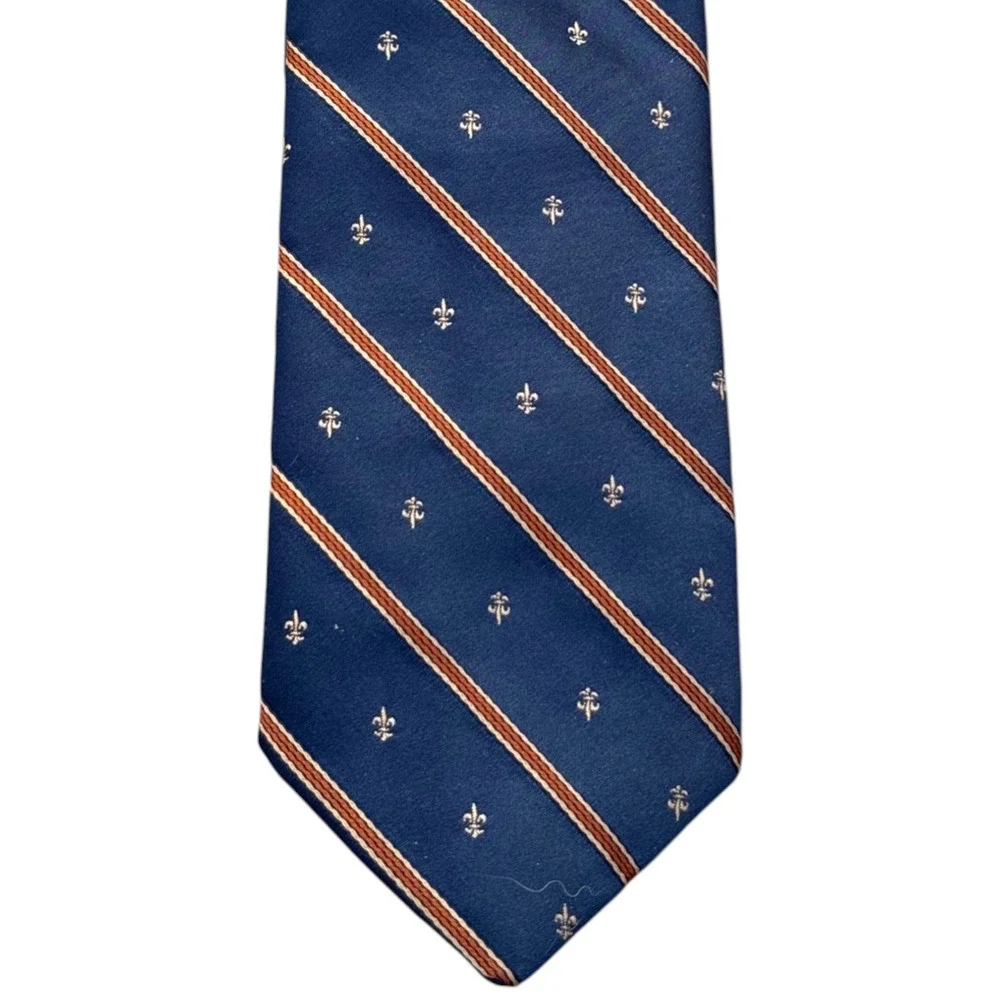 Hecht's Mens Store Vintage Navy Blue‎ Fleur-de-lis Striped Polyester Necktie 55